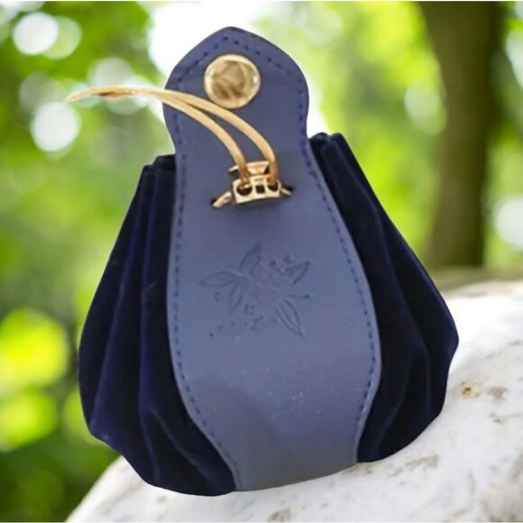 Medieval Renaissance Coin Pouch Navy Velvet Faux Leather Purse Drawstring Bag - Picture 2 of 4